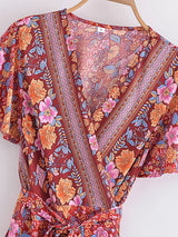 Boho Mini Dress – “Golden Folk” Vintage Floral Wrap Dress Sundress in Pink & Black