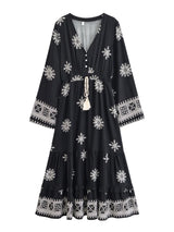Bohemian Maxi Gown – “Starlit Nomad” Floral Long Sleeve Tassel Dress