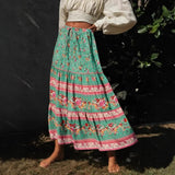 Boho Maxi Skirt – “Midnight Peony” Floral Print Skirt in Navy & Rose Stripe