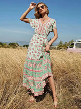 Bohemian Maxi Dress – “Meadow Breeze” Flowy Summer Sundress in Mint & Pink Floral