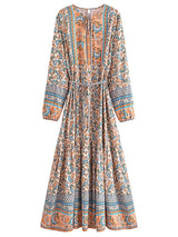 Boho Maxi Dress – “Desert Mosaic” Long Sleeve Printed Gown in Dusty & Red
