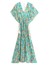 Bohemian Maxi Dress – “Jade Garden” Green Floral Batwing Tie-Waist Maxi Dress
