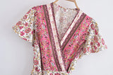 Summer Women Floral Print  Wrap V-neck Beach Wrap Bohemian Mini Dress Kaftan Ladies Short Sleeve Sexy Boho Dresses Vestidos