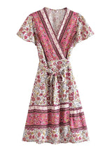 Summer Women Floral Print  Wrap V-neck Beach Wrap Bohemian Mini Dress Kaftan Ladies Short Sleeve Sexy Boho Dresses Vestidos