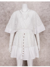 Boho Mini Dress – Boho White Dres –“Whisper Light” Batwing Sleeve Mini Sundress with Buttons