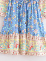 Boho Mini Dress – Blue Floral Tunic Sundress with Bell Sleeves Elowen