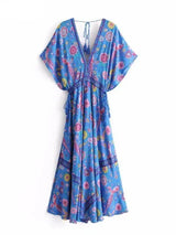 Boho Sundress – “Bird Flower in Blue” Lightweight Maxi Dress for Summer Days