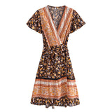 Summer Women Floral Print  Wrap V-neck Beach Wrap Bohemian Mini Dress Kaftan Ladies Short Sleeve Sexy Boho Dresses Vestidos