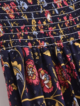 Boho High-Low Skirt – Indira Smocked Waist Floral Maxi Skirt in Navy and Green