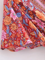 Boho Mini Dress – “Golden Folk” Vintage Floral Wrap Dress Sundress in Pink & Black