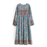 Bohemian Maxi Gown – “Wildfolk Garden” Floral Long Sleeve Dress in Turquoise Bloom