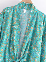Boho Kimono Robe – Malisa Green and Pink Floral Beach Cover-Up Blouse