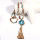 Boho Necklace - RH Precious Amazonite Lava Stones Gold Tassle