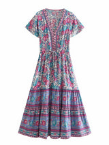 Boho Summer Dress – “Rosevine Dream” Button Front Maxi Sundress in Green & Pink