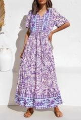 Boho Chic Maxi Dress – Floral Print Summer Sundress Elowen in Purple, Green and Pink