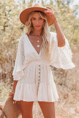 Boho Mini Dress – Boho White Dres –“Whisper Light” Batwing Sleeve Mini Sundress with Buttons