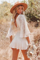 Boho Mini Dress – Boho White Dres –“Whisper Light” Batwing Sleeve Mini Sundress with Buttons