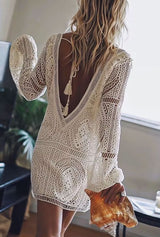 Boho Mini Dress – Boho White Dress – “Salt & Lace” Crochet Mini Dress with Deep V & Open Back