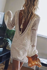 Boho Mini Dress – Boho White Dress – “Salt & Lace” Crochet Mini Dress with Deep V & Open Back