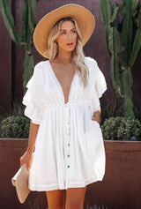 Boho Mini Dress – Boho White Dres – “Bare Grace” Deep V Ruffle Sleeve Mini Sundress