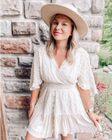 Boho Mini Dress – Boho White Dres –“Whisper Light” Batwing Sleeve Mini Sundress with Buttons