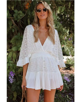 Boho Mini Dress – Boho White Dres –“Whisper Light” Batwing Sleeve Mini Sundress with Buttons