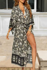 Boho Robe – Bohemian Kimono Robe – Black Flower Whisper Kimono Cover-Up for Beach or Lounge