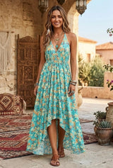 Turquoise floral halter sundress with V-neck and flowing high-low hem