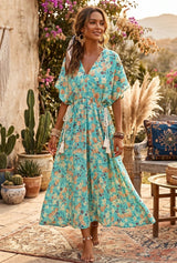 Green floral batwing tie-waist maxi dress, Jade Garden