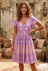 Purple floral V-neck boho mini dress, Orchid Mosaic
