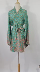 Boho Robe – Meadow Mint Green Floral Kimono Beach Cover-Up for Women