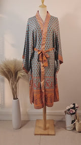 Boho Kimono Robe – “Sahara Dream” Tribal Print Long Cover-Up in Coral & Teal