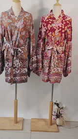 Bohemian Kimono Robe – “Gabriella” Currant Red Short Cover-Up for Beach or Lounge