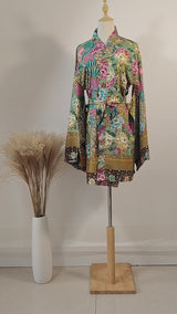 Boho Short Robe – “Irma” Peacock in Gold Green Kimono Beach Cover-Up for Women