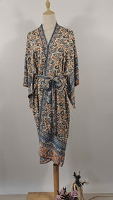 Boho Kimono Robe – “Desert Rosewood” Printed Lounge Cover-Up in Rust Red & Desert Rosewood