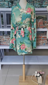 Boho Short Kimono Robe – “Lily Lotus” Green Floral Wrap Cover-Up for Women