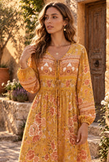 Bohemian Maxi Dress – “Marigold Reverie” Yellow Floral V-Neck Flare Sleeve Boho Maxi Dress - detail - AI styled model; original photos retained