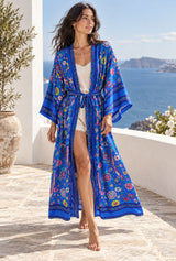 Boho Robe, Kimono Robe, Beach Cover up, Peony Blue Bird — AI-generated editorial model image