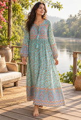 Gown Dress, Boho Maxi Dress, Loose Dress, Parakeet Green Indian Floral — AI-generated editorial model image