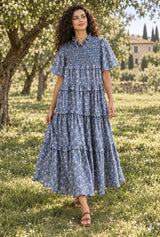 Boho Midi Dress, Blue Starflower — AI-generated editorial model image