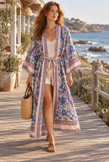 Boho Robe, Kimono Robe, Beach Cover up, Purple Peony Bird — AI-generated editorial model image