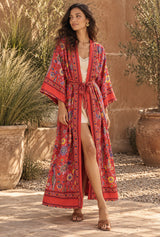 Boho Robe, Kimono Robe, Beach Cover up, Red Peony Bird — AI-generated editorial model image
