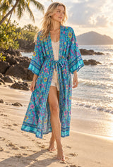 Boho Robe, Kimono Robe, Beach Cover up, Blue Sea Peony Bird — AI-generated editorial model image