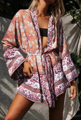 Bohemian Kimono Robe – “Gabriella” Dusty Brown Short Cover-Up for Beach or Lounge