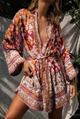 Bohemian Kimono Robe – “Gabriella” Currant Red Short Cover-Up for Beach or Lounge