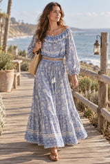 Boho Two Piece Set, Crop Top and Skirt, Wild Flower Blue Sky - blue - AI styled model; original product photos retained