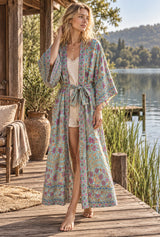 Boho Robe, Kimono Robe, Beach Cover up, Arama in Pine Green — AI-generated editorial model image