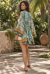 Kimono Robe – “Flamingo in Green” Boho Short Cover-Up for Beach & Lounge — AI-generated editorial model image
