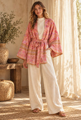 Boho Robe, Kimono Robe, Beach Cover up, Short Robe, Eulalie in Green and Pink — AI-generated editorial model image