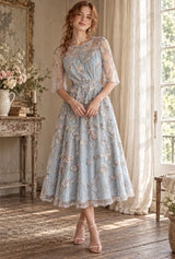 Vintage Boho Midi Dress - Blue Amelia | Embroidered Lace Bohemian Style Dress — AI-generated editorial model image